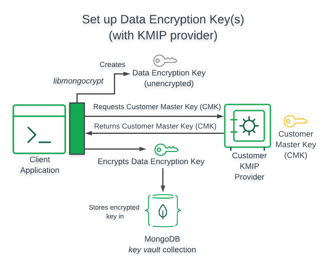 符合 KMIP 的密钥提供程序的启用可查询加密的应用程序的体系结构图
